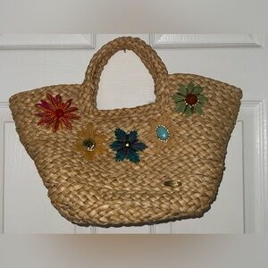 Cappelli Straworld Tan Woven Tote with Colorful Floral Accents